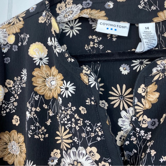 Covington Black Floral Short Sleeve Button Up Top Ruffle Size 14 - Picture 3 of 4